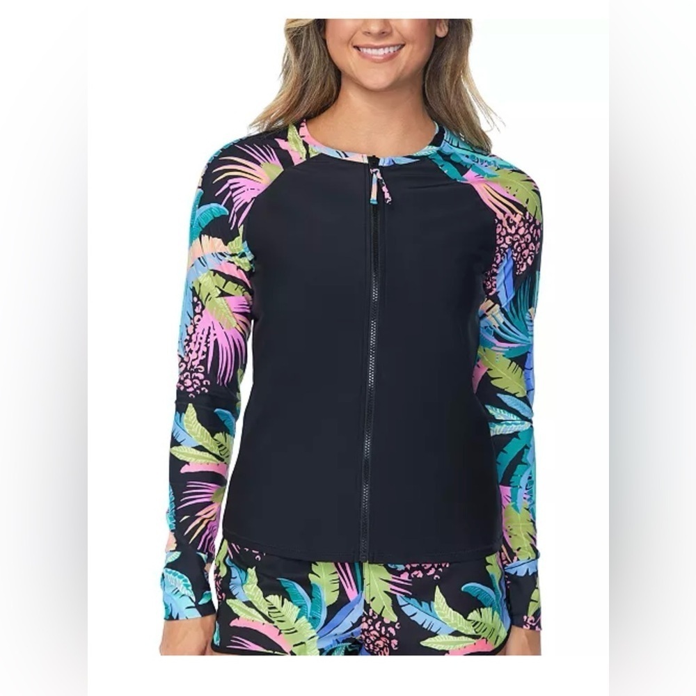 NWT Raisins Juniors' Printed Long-Sleeve Front Zip Rash Guard large